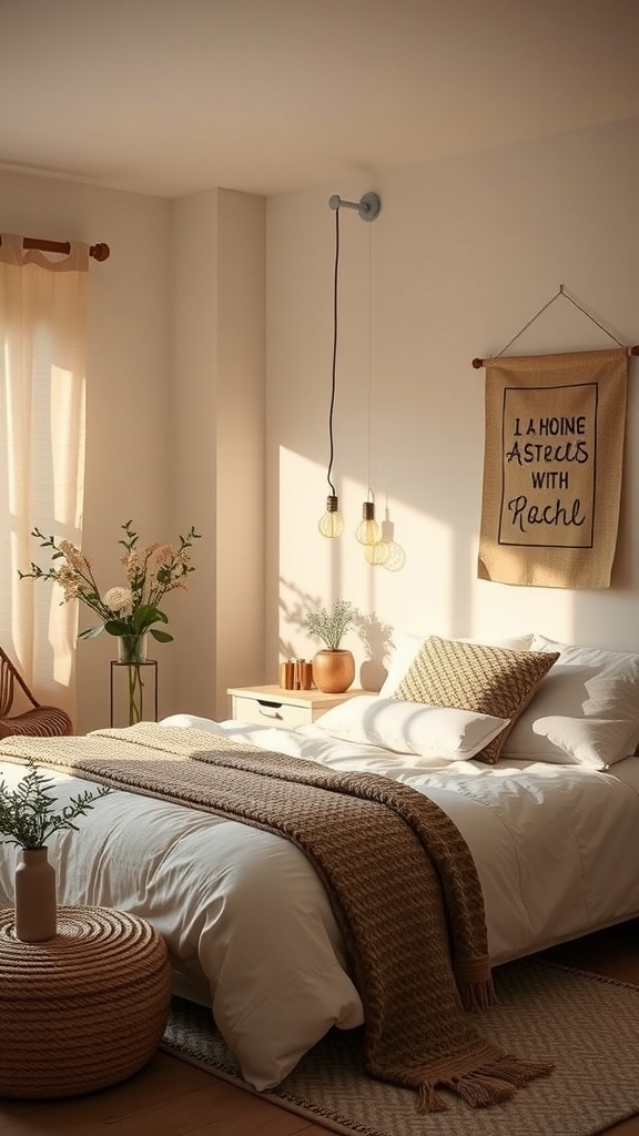 A cozy Bodhi bedroom featuring soft textiles, natural decor, and a calming atmosphere.