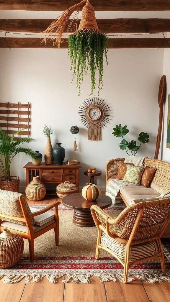 A cozy bohemian-style living room featuring rattan furniture, earthy tones, and various plants.