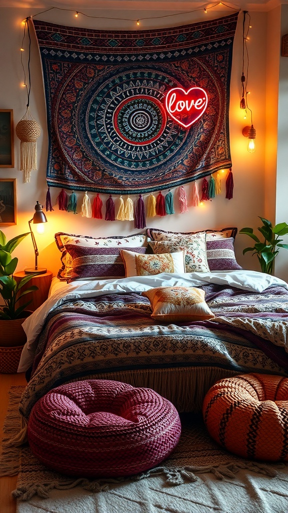 A cozy bohemian bedroom with colorful bedding, a tapestry, and floor cushions.