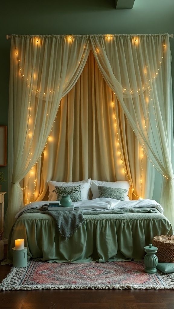 A cozy sage green bohemian bedroom featuring a canopy bed with fairy lights, soft linens, and a decorative rug.