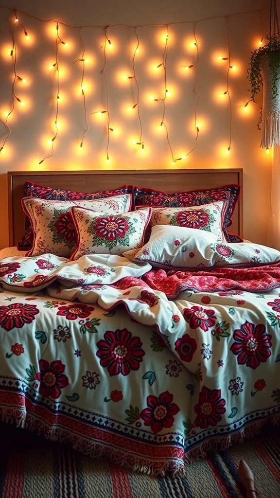 A cozy dorm room with a Bohemian chic bedding set featuring floral patterns and fairy lights.