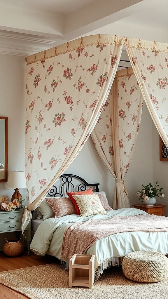 A cozy bohemian bedroom with floral canopies, a bed with mixed pillows, and a natural fiber rug.