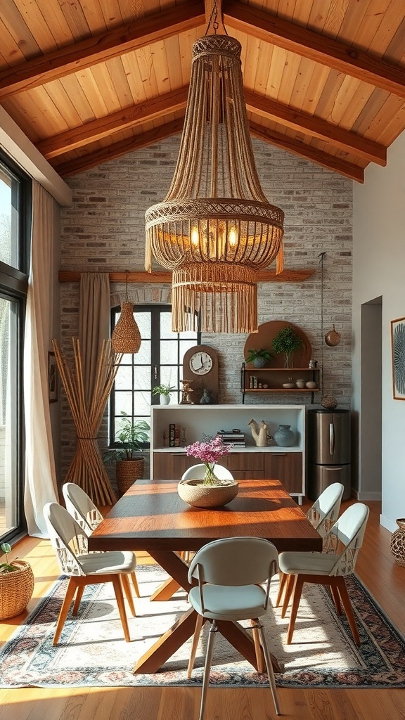 A cozy dining area featuring a macramé chandelier, wooden table, and stylish chairs.
