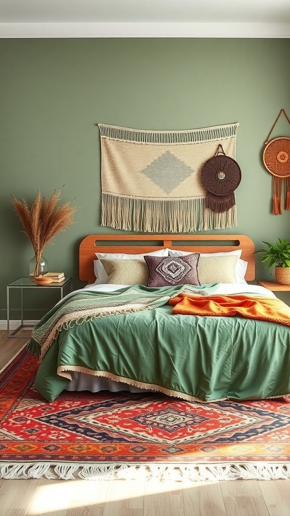 A cozy Bohemian-style bedroom featuring sage green walls, a vibrant patterned rug, and warm bedding.