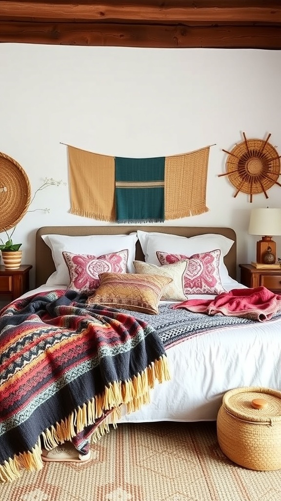 A cozy bedroom featuring a bed with colorful bohemian textiles, including patterned pillows and a vibrant blanket, with woven wall decor.