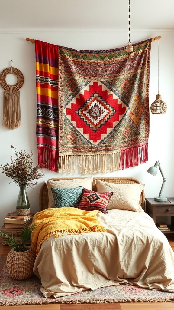 A cozy bedroom featuring a colorful bohemian textile wall hanging above the bed.