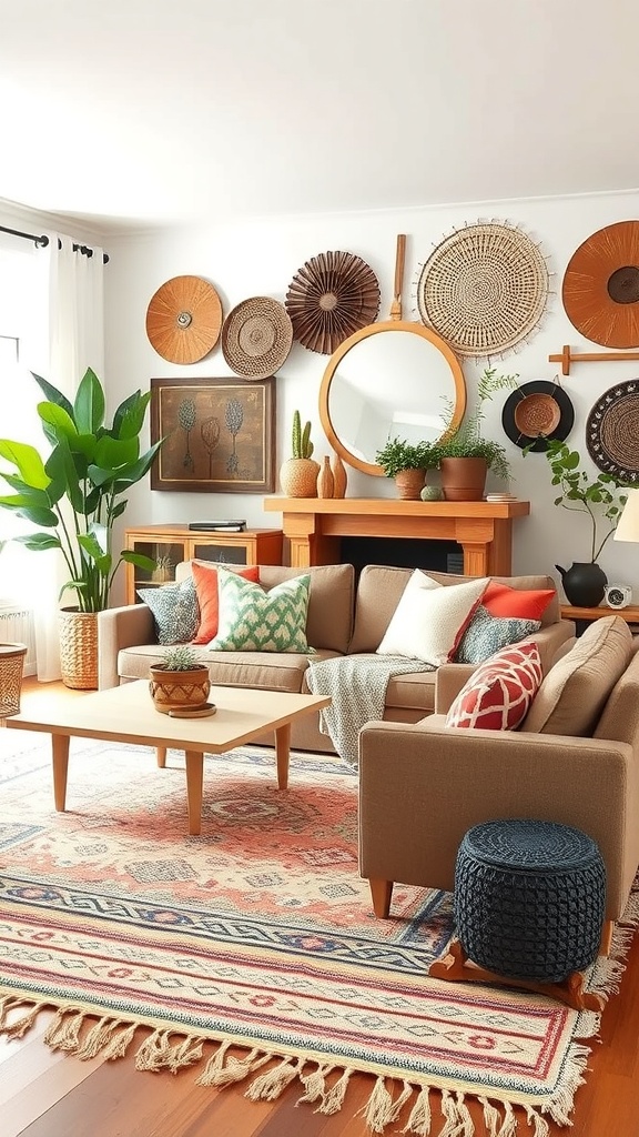 Cozy living room with bohemian textiles and patterns, featuring colorful rugs and cushions.