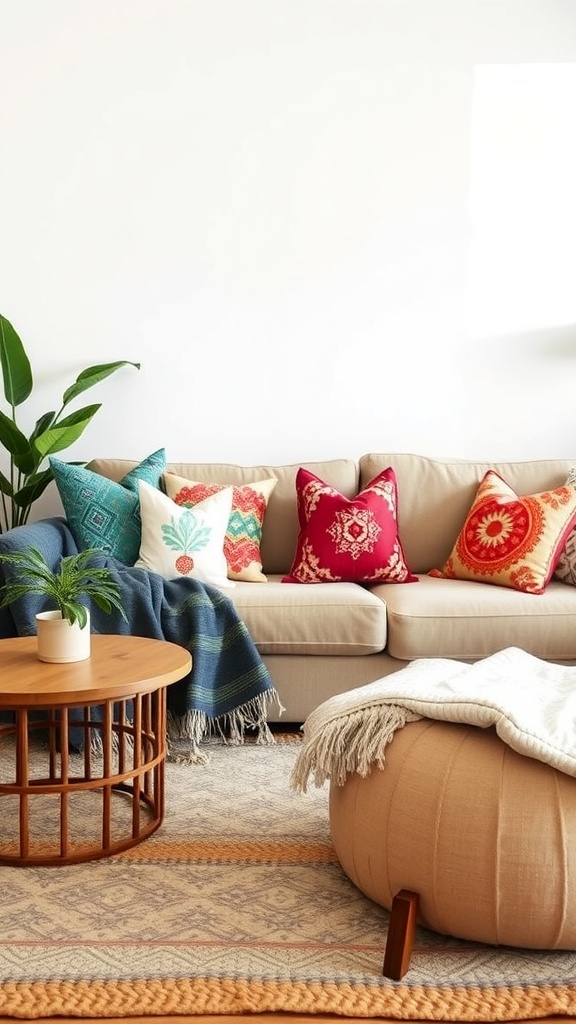 A cozy living room with a beige sofa adorned with colorful bohemian throw pillows, a wooden coffee table, and a soft rug.