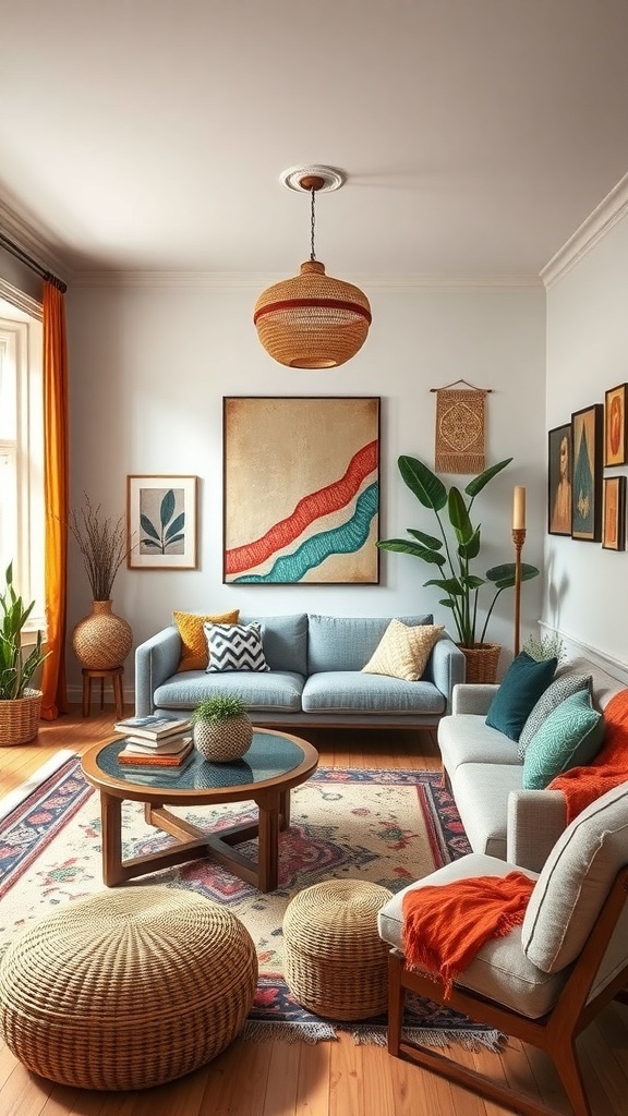 A cozy living room decorated in a bohemian style with colorful textiles, blue sofas, and plants.