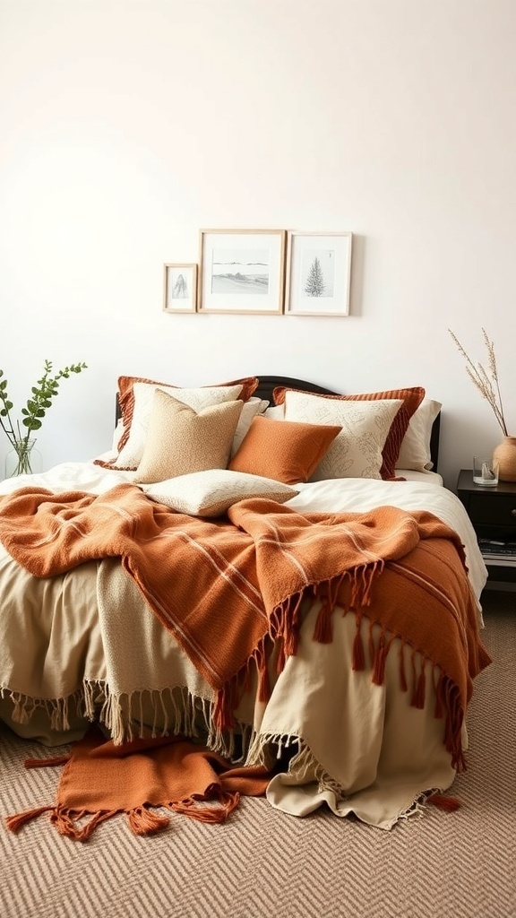 A cozy bed styled with earthy tones and bohemian decor, featuring layered blankets and decorative pillows.