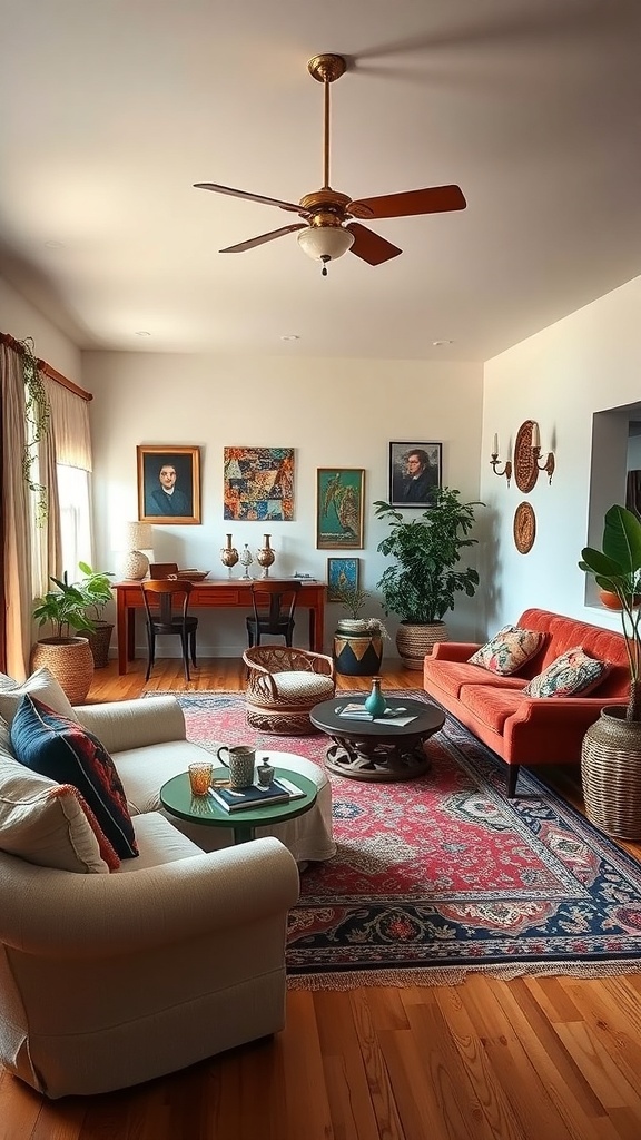 A cozy living room with an orange sofa, eclectic decor, and plants, showcasing bohemian vibes.