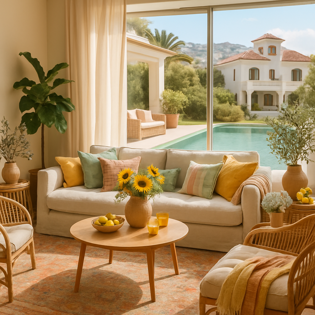 Ein stilvoller Boho-Chic Wohnraum mit einem bequemen Sofa, bunten Kissen, Sonnenblumen und einem Blick auf den Pool.