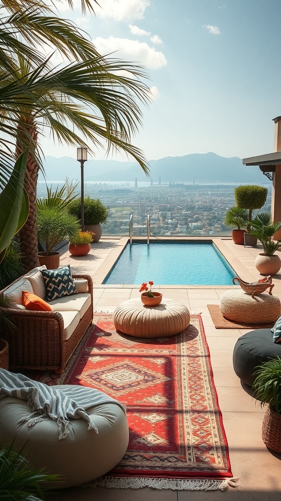 Boho-Chic Lounge mit Teppichen, gemütlichen Möbeln und Pflanzen, Blick auf den Pool und die Landschaft