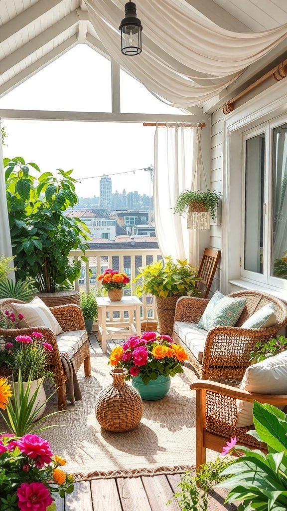 Gemütliche Terrasse mit Rattanmöbeln und bunten Blumen im Boho-Stil
