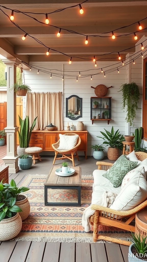 A cozy boho-inspired outdoor space featuring string lights, plants, and comfortable seating.