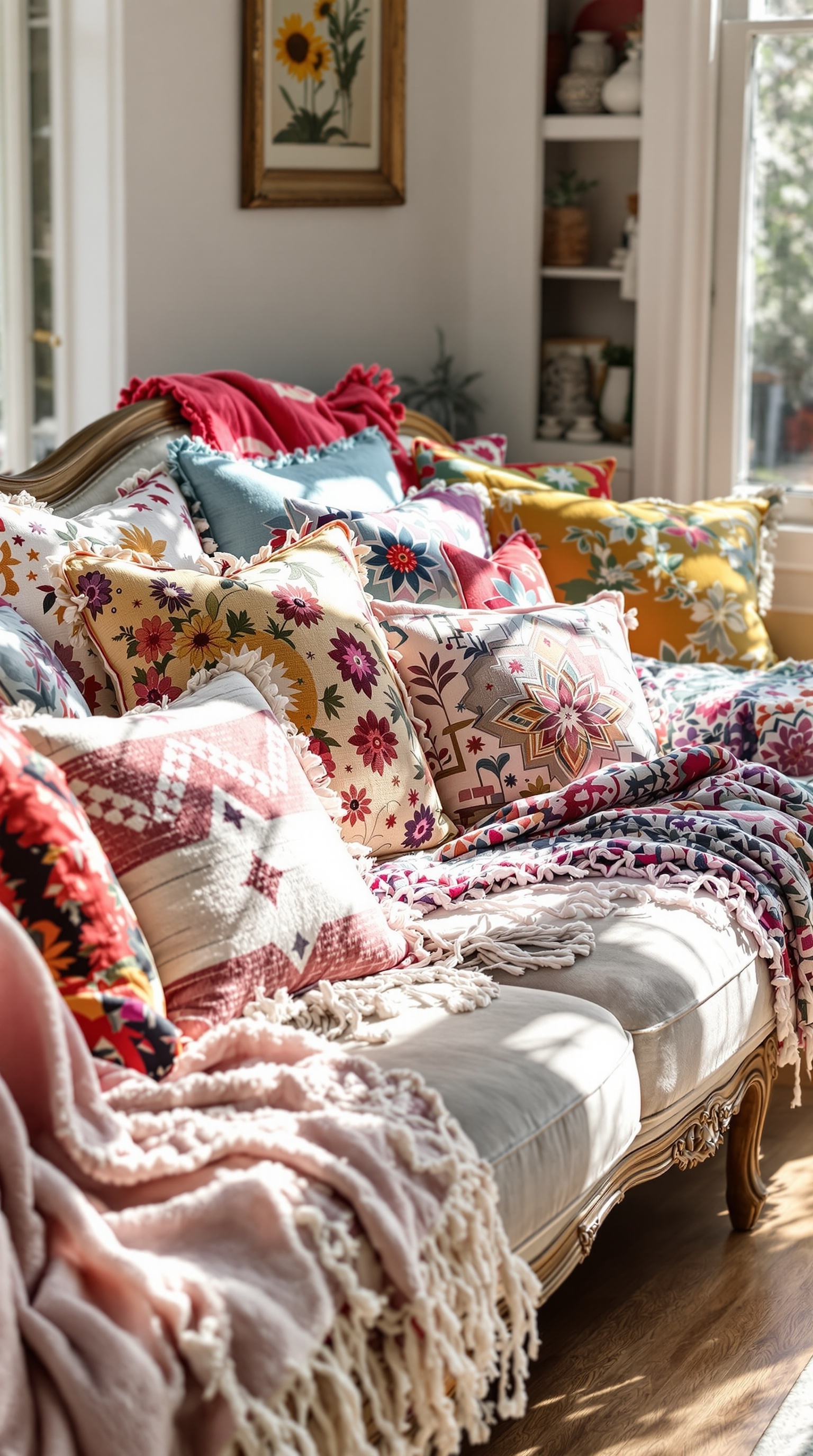 Gemütliche Couch mit Boho-Textilien in einem hellen Raum