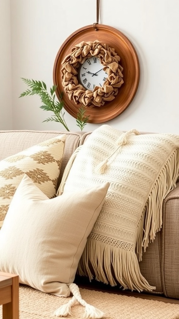 Cozy couch with boho fringe throw pillows and a decorative clock on the wall