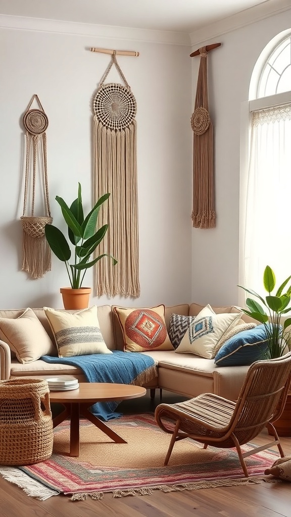 A cozy living room featuring macramé wall hangings, plants, and a comfortable sofa.