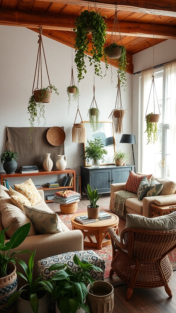Cozy boho living room with various textiles, plants, and eclectic decor.