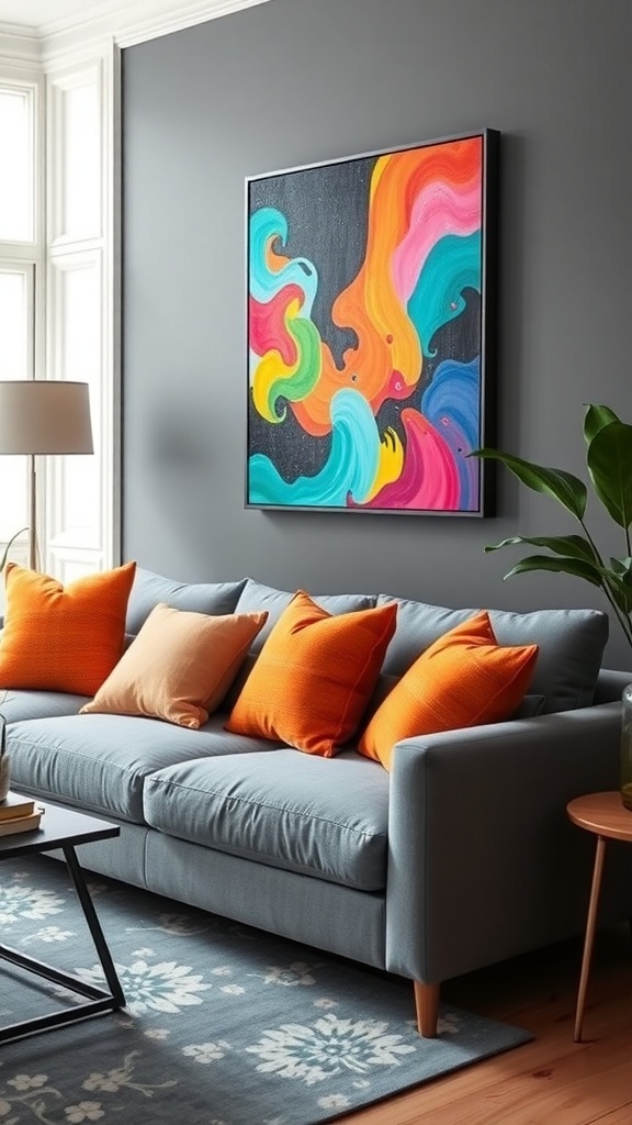 A modern living room featuring a grey sofa with colorful accent cushions, a geometric rug, and vibrant artwork.