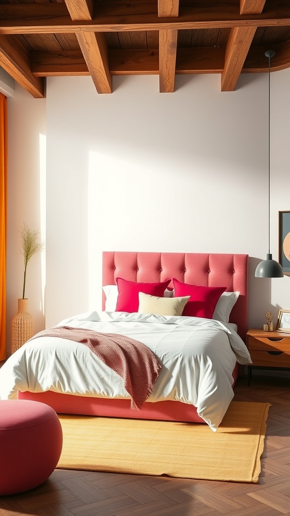 A stylish bedroom featuring a bold pink headboard, colorful pillows, and warm wooden accents.