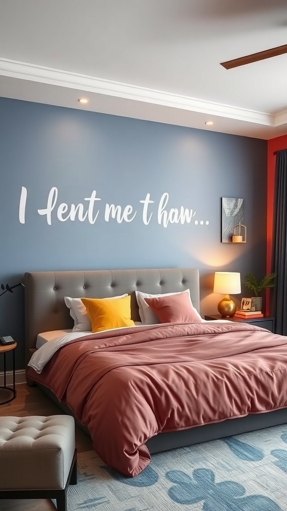 A stylish bedroom featuring a bold blue accent wall with a playful phrase, a gray bed with colorful pillows, and a cozy atmosphere.