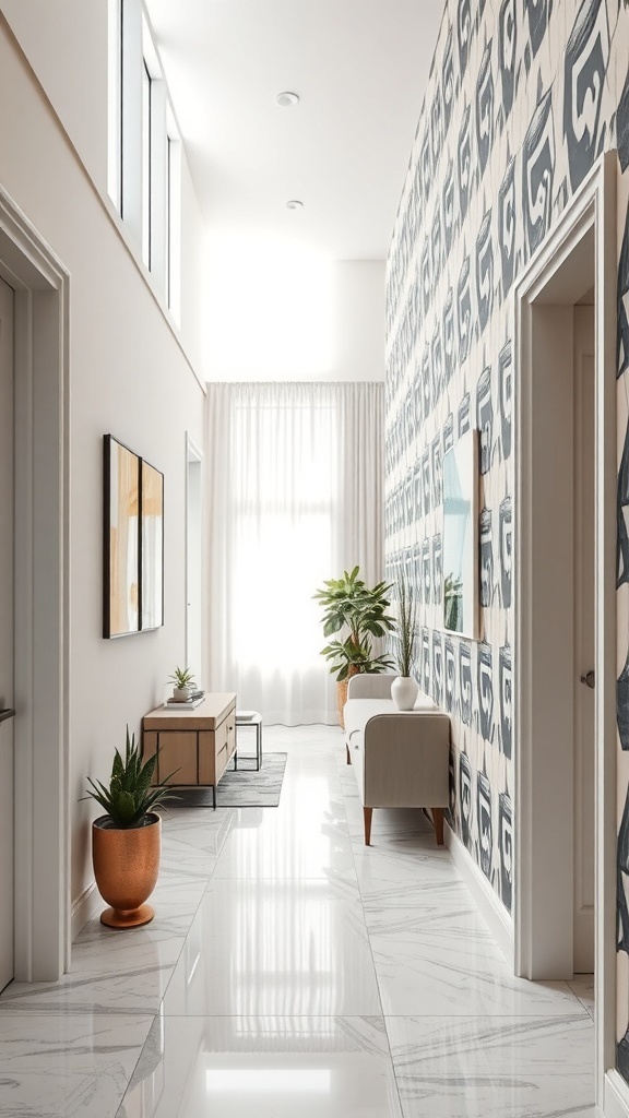 A narrow hallway with bold accent wallpaper, featuring a unique pattern, natural light, plants, and stylish furniture.