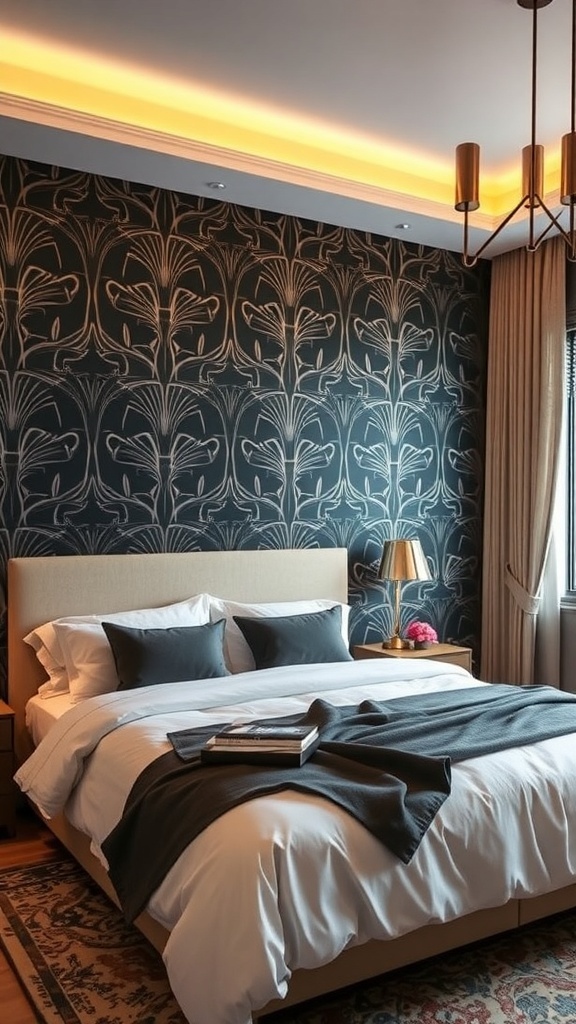 A modern bedroom featuring a dark floral accent wall, light bedding, and stylish decor.