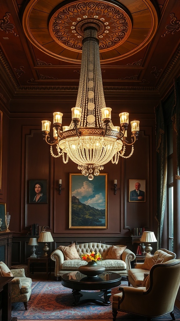 A luxurious living room featuring a crystal chandelier, jewel-toned furniture, and large windows.