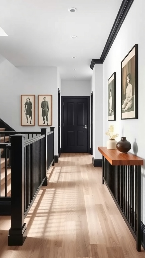 A modern hallway featuring a black bannister, light wood flooring, and framed artwork on the walls.
