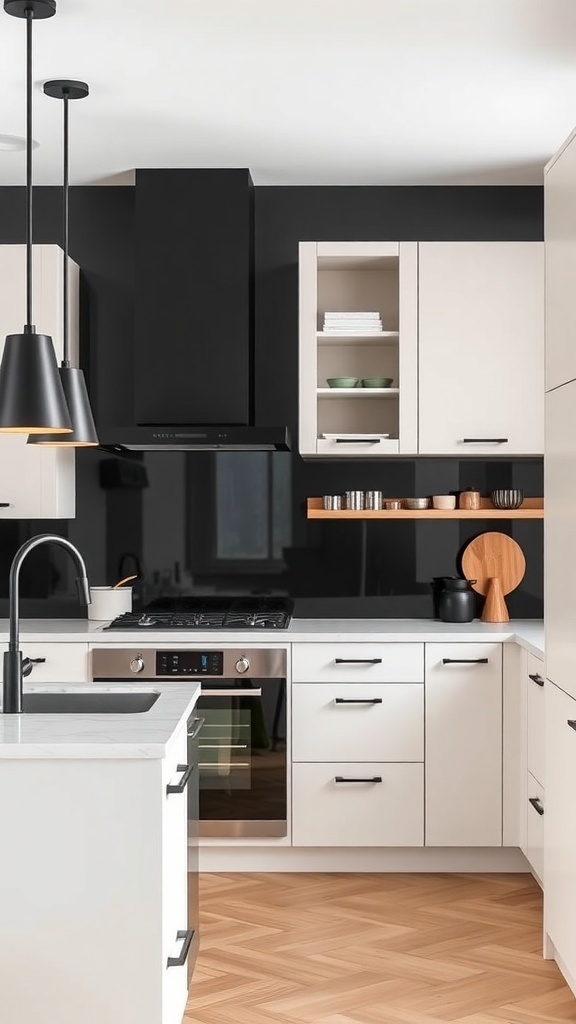 A modern kitchen featuring bold black fixtures against light cabinetry, showcasing a stylish and elegant design.