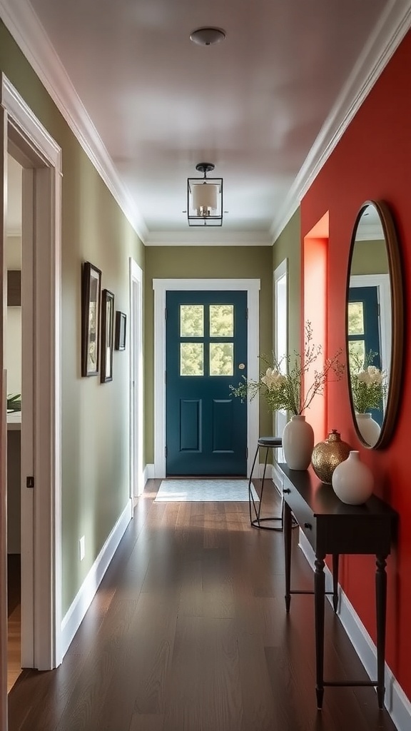 A hallway with a bold red accent wall, green walls, and a blue door, featuring decorative elements.