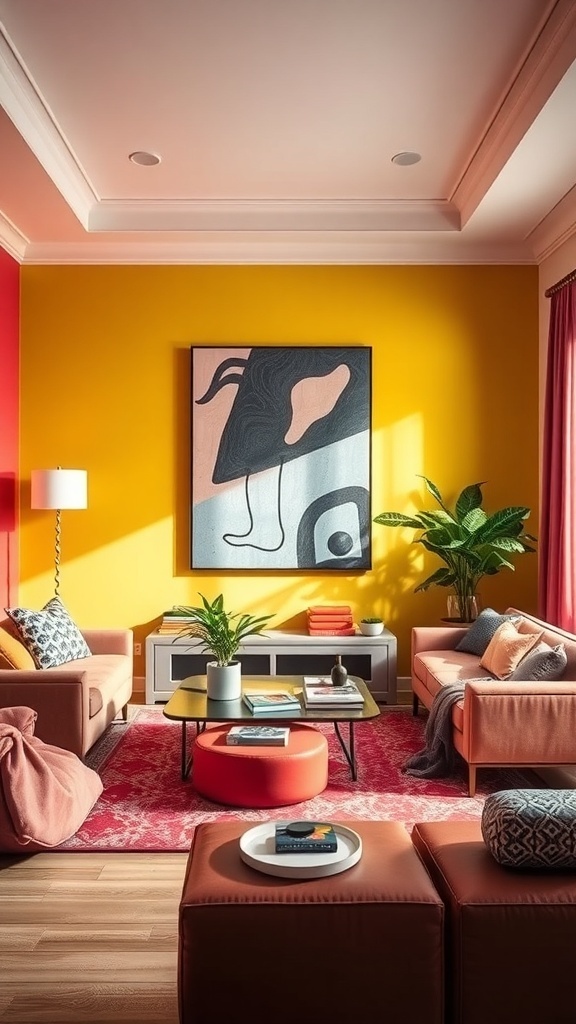 A modern living room with a yellow accent wall, abstract artwork, and colorful furniture.