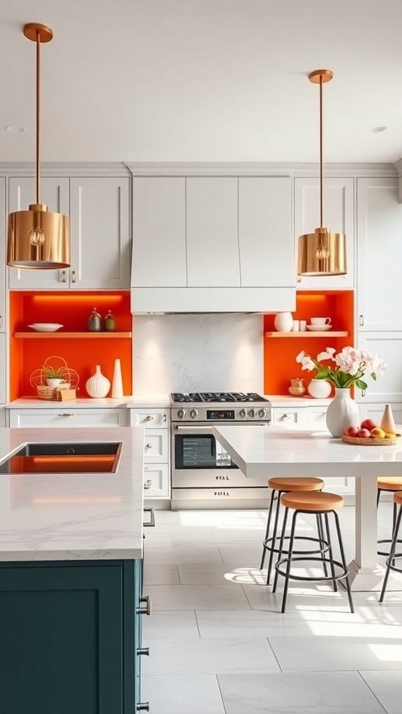 Modern kitchen with orange cabinetry and neutral tones