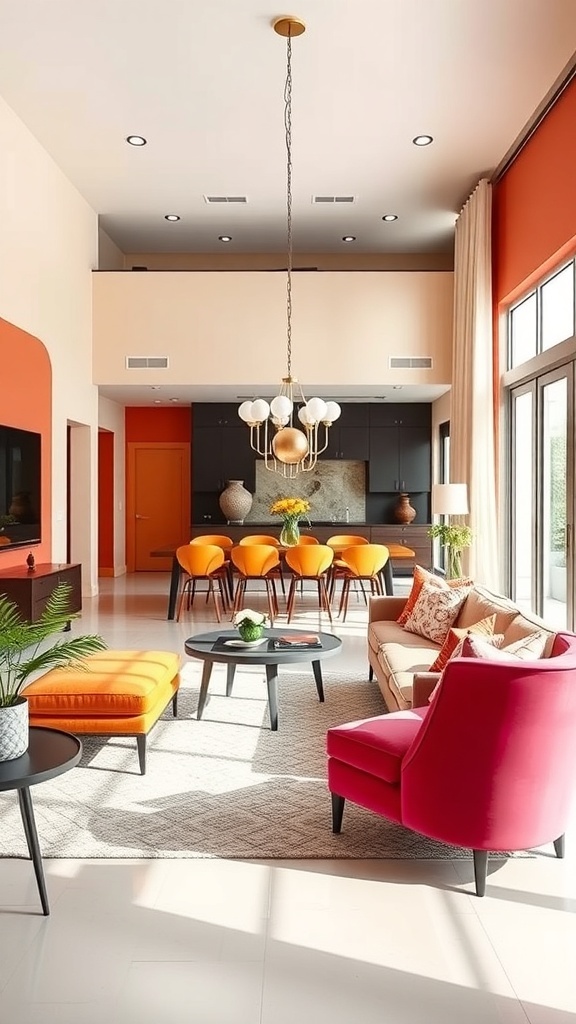 A bright and colorful open concept living and dining room featuring orange chairs, a pink armchair, and a stylish chandelier.