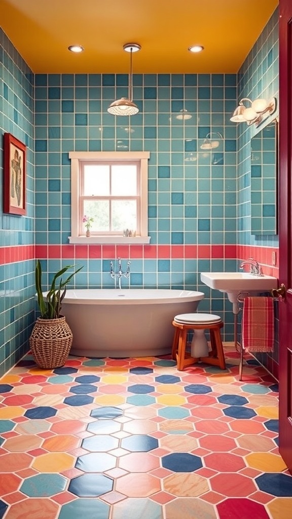 A colorful bathroom featuring blue wall tiles, a red accent strip, and a hexagonal patterned floor in various colors.