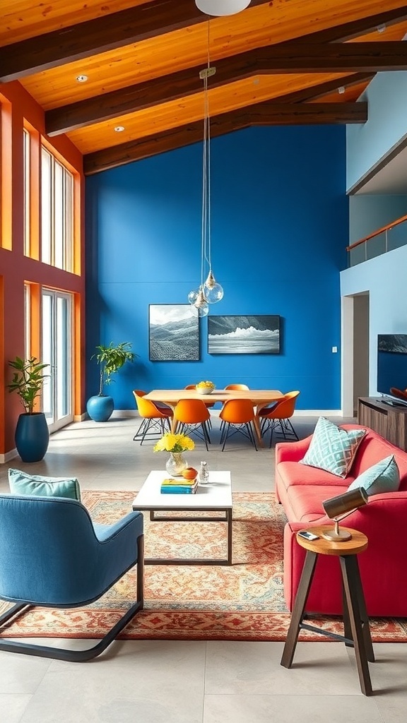 A vibrant open concept living and dining room featuring a blue wall, orange accents, and colorful furniture.