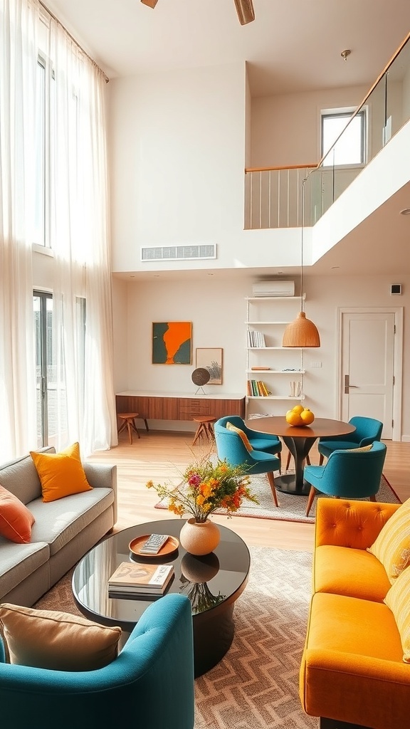 A bright and modern open concept living and dining room featuring bold color accents with an orange sofa, blue chairs, and yellow pillows.