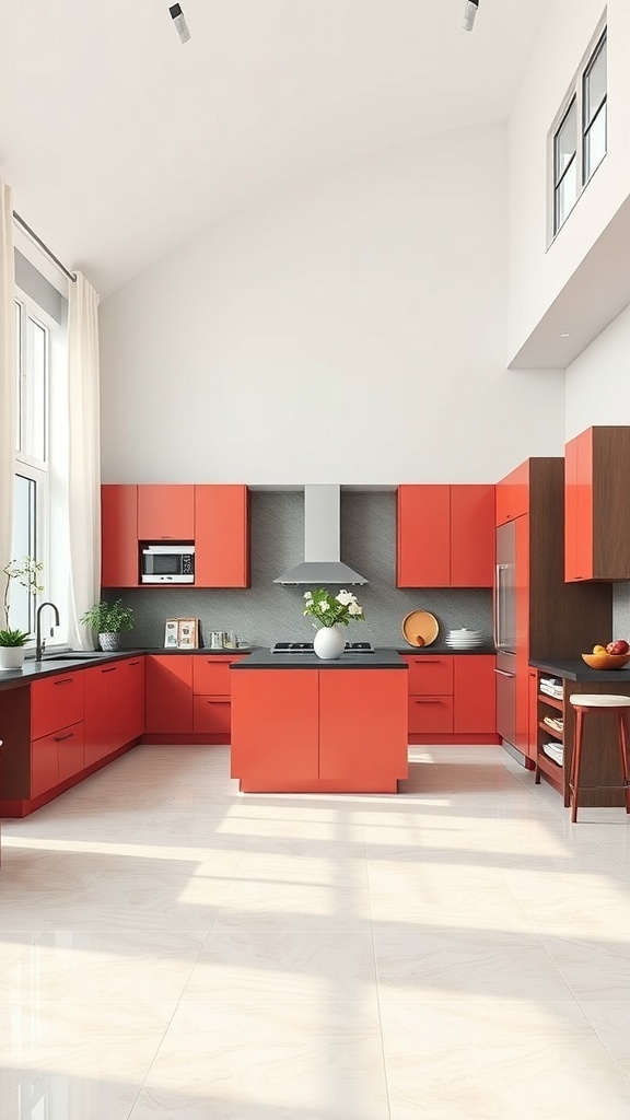 Modern kitchen with bold red cabinets and black countertops