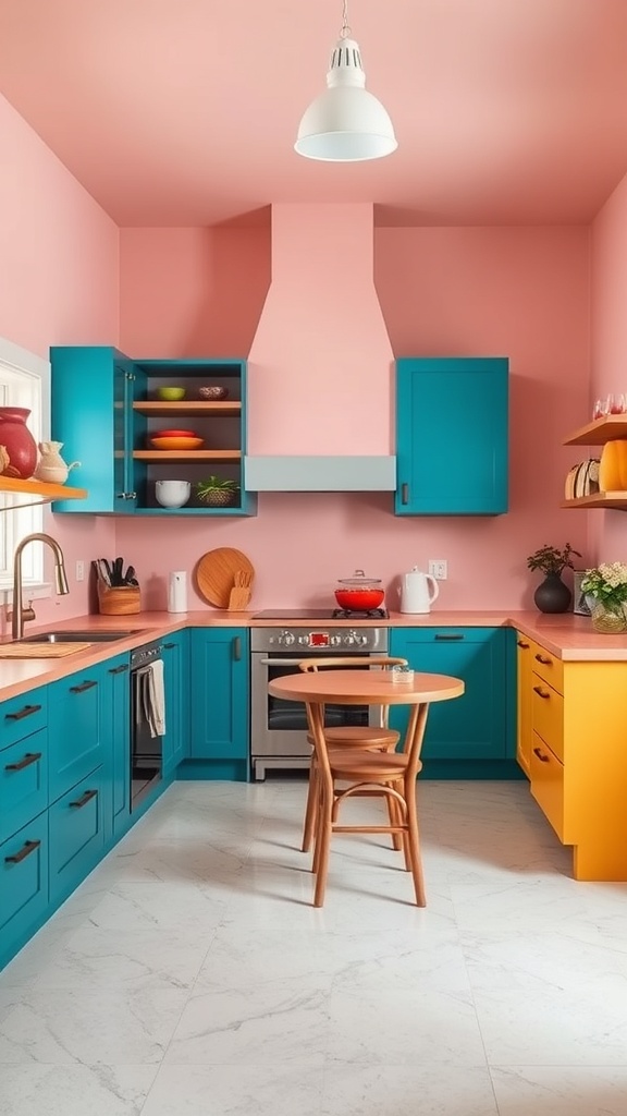 A vibrant kitchen featuring teal cabinets, pink walls, and a yellow island.