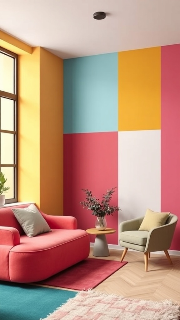 A vibrant living room with bold color block walls in yellow, blue, pink, and white.