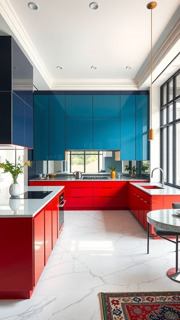 A modern kitchen featuring bold blue and red cabinets with a sleek design.