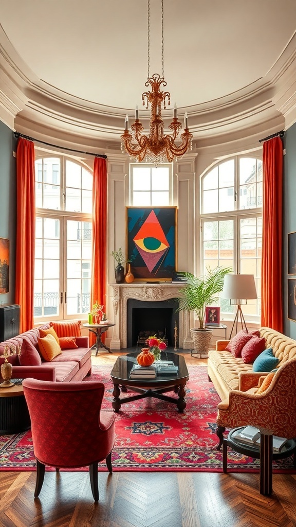A bold and colorful living room featuring cherry red sofas, orange curtains, and a geometric artwork.