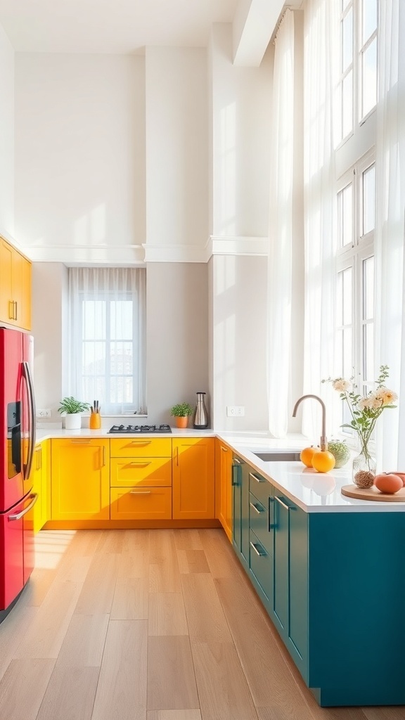 A colorful kitchen featuring yellow and teal cabinets with a red refrigerator, brightened by natural light.