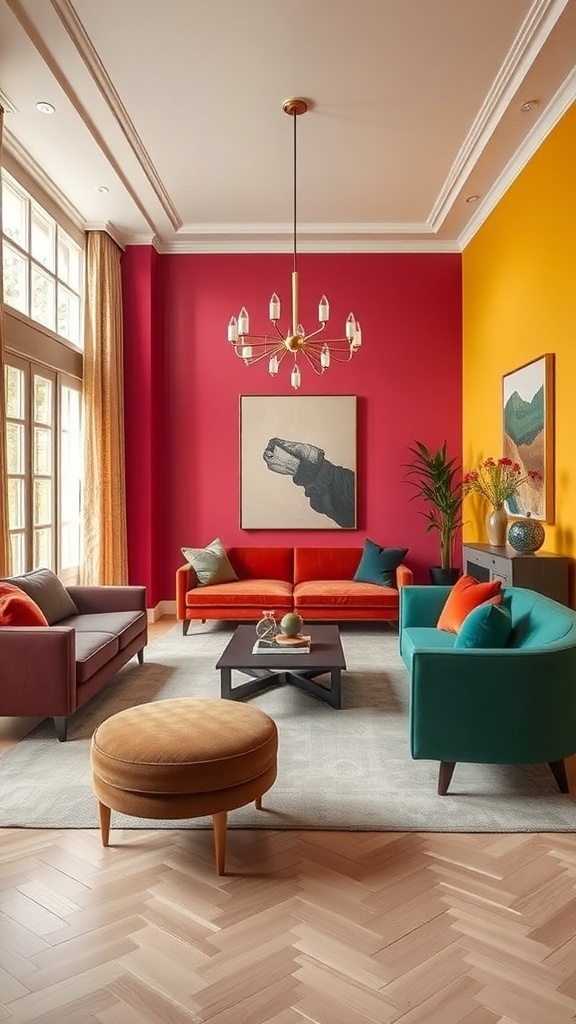 Ein Wohnzimmer mit kräftigen Farbtönen, darunter rote und gelbe Wände, sowie farbige Möbel.