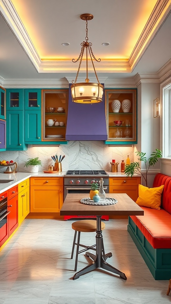 A vibrant kitchen featuring teal, orange, and purple cabinets with a stylish dining area.