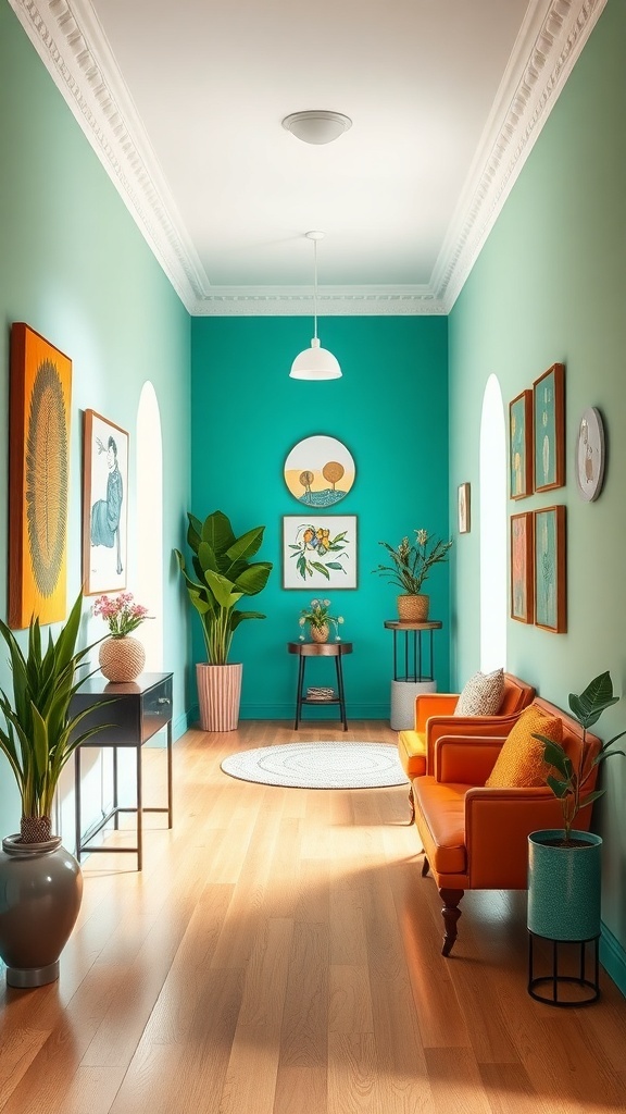 A vibrant bungalow hallway with teal walls, an orange sofa, and various plants and artworks.
