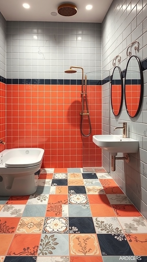 A bathroom featuring bold orange tiles on the walls and a colorful patterned tile floor.
