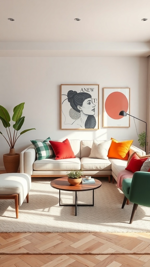A stylish living room featuring neutral tones with bold colored cushions and artwork.