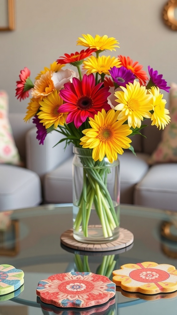 A vibrant bouquet of colorful daisies in a clear vase on a coffee table, surrounded by decorative coasters.